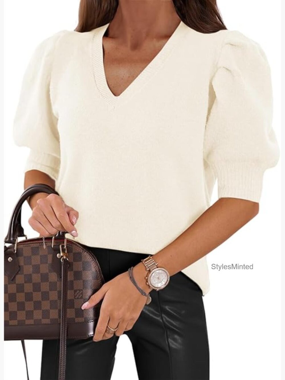 Puff Short Sleeve Knit Sweater Top V-Neck Blouse Spring Casual